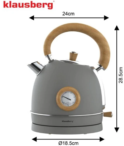 Klausberg Elektrinis virdulys su termometru, nerūdijančio plieno, pilkos spalvos su medžiu, 1,8 l, 2200 W, KB