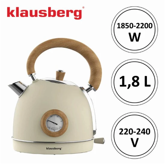 Klausberg Elektrinis virdulys su termometru, nerūdijantis plienas, kreminės spalvos su medžio įdaru, 1,8 l, 22