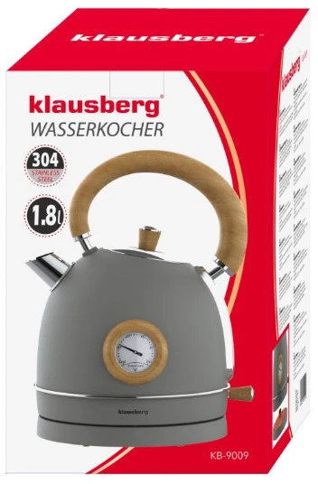 Klausberg Elektrinis virdulys su termometru, nerūdijančio plieno, pilkos spalvos su medžiu, 1,8 l, 2200 W, KB