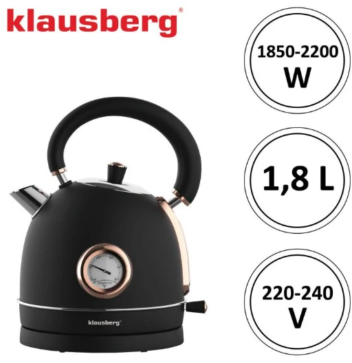 Klausberg Elektrinis virdulys su termometru, nerūdijančio plieno, juodos/rožinio aukso spalvos, 1,8 l, 2200 W,