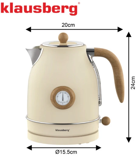 Klausberg Retro stiliaus elektrinis virdulys su termometru, 1,7 l, kreminės spalvos, 2200 W, KB 9006, Klausber