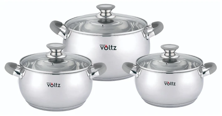 Oliver Voltz Puodų rinkinys Voltz OV51210N6B, 18/20/22 cm = 2,5/3,5/4,6 l, pilkos rankenos, nerūdijantis plienas,