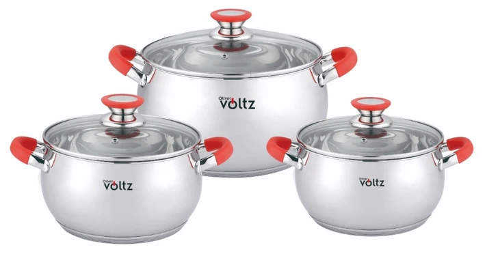 Oliver Voltz Puodų rinkinys Voltz OV51210N6B, 18/20/22 cm.=/2,5/3,5/4,6 l., raudonos rankenos, nerūdijantis plien