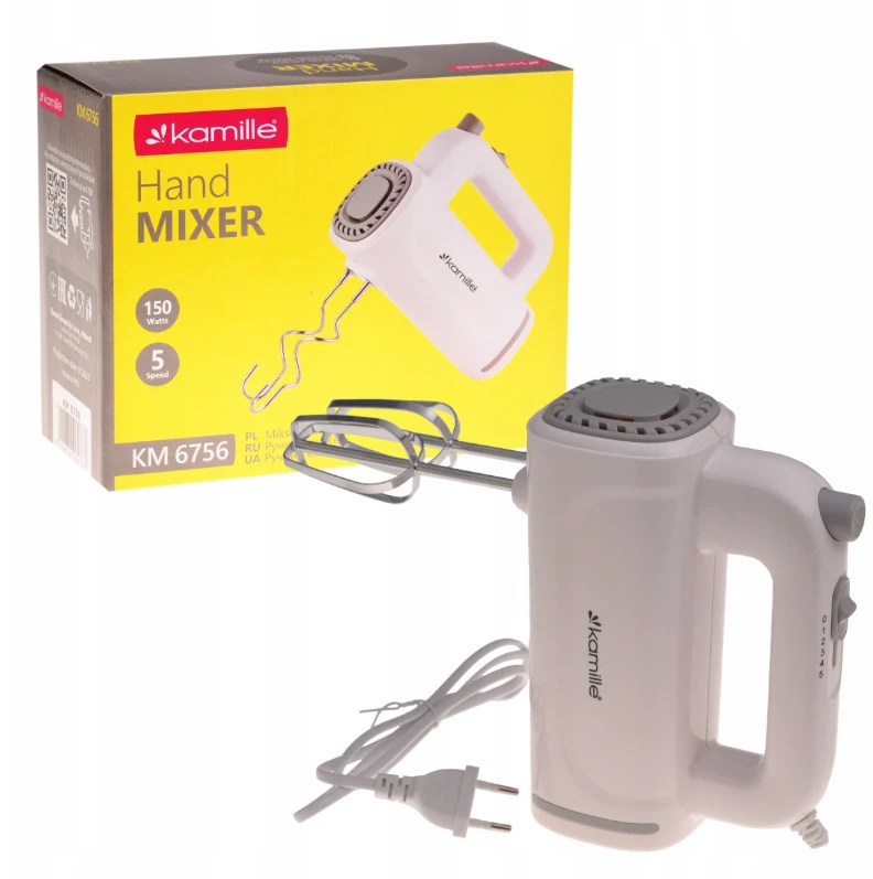 Plakiklis Rankinis mikseris, 150W (5 greičiai), baltas, 6756, KAMILLE
