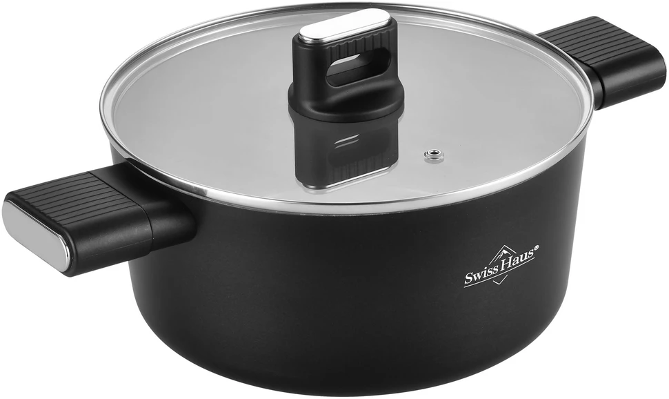Presuotas aliumininis troškintuvas su stikliniu dangčiu, 2,6 l, 20 cm, juodas