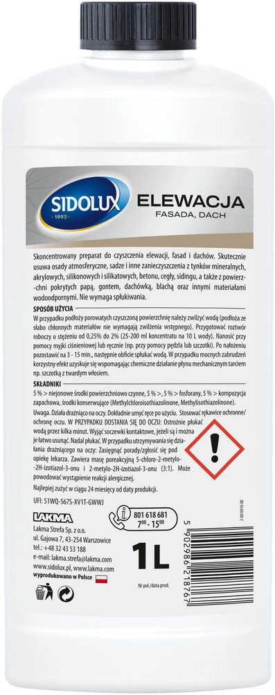 SIDOLUX HOME & GARDEN fasadų, išorinių sienų ir stogų valiklis, 1 l. 9 vnt. dėžėje.