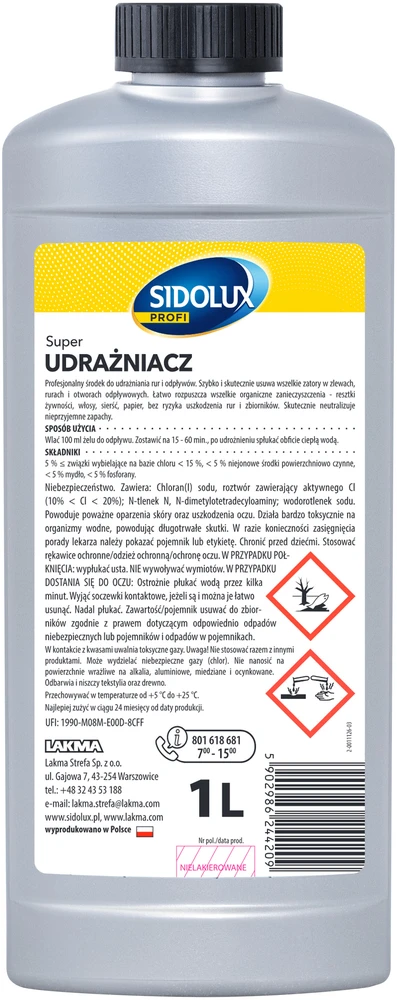 SIDOLUX PROFI vamzdžių užsikimšimų šalinimo priemonė, 1 l. 9 vnt. dėžėje.