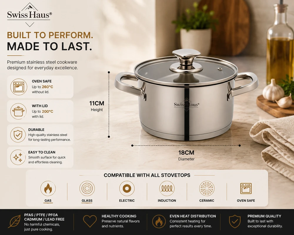 Swiss Haus SH-EC18 18 cm Stainless Steel Puodas with Glass Lid