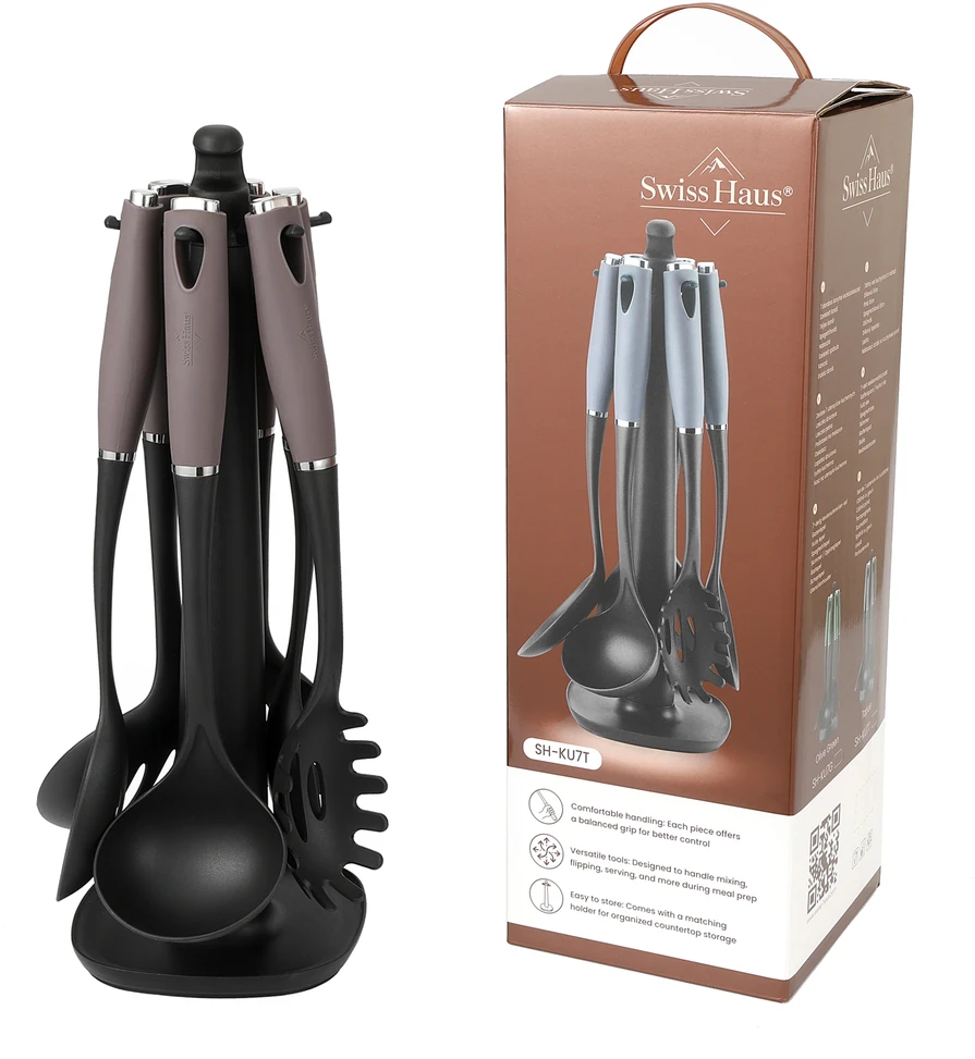 Swiss Haus SH-KU7T 7-Piece Kitchen Utensil Set with Rotating Holder, Taupe