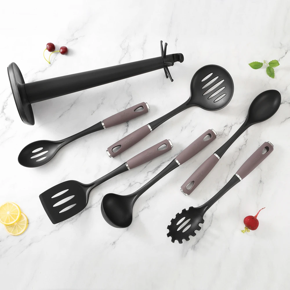 Swiss Haus SH-KU7T 7-Piece Kitchen Utensil Set with Rotating Holder, Taupe