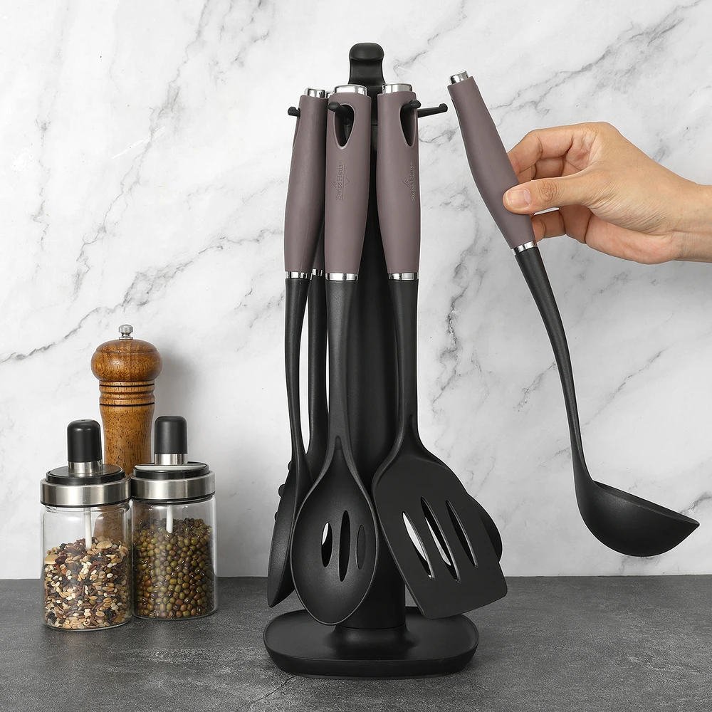 Swiss Haus SH-KU7T 7-Piece Kitchen Utensil Set with Rotating Holder, Taupe