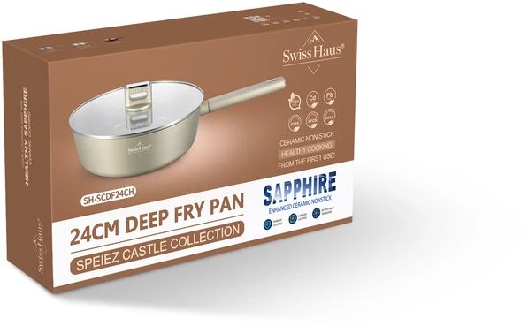 Swiss Haus SH-SCDF24CH Deep Frying Pan with Glass Lid, 24 cm, 2.8 L, Champagne