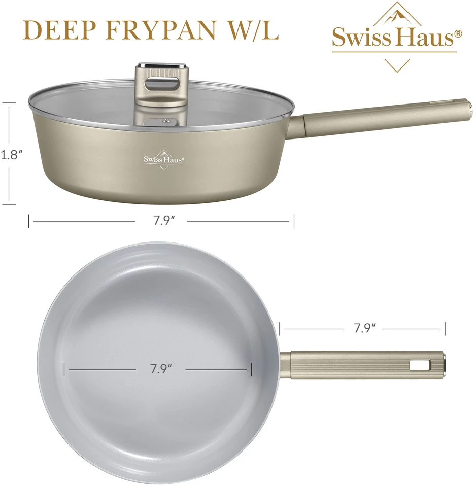 Swiss Haus SH-SCDF24CH Deep Frying Pan with Glass Lid, 24 cm, 2.8 L, Champagne