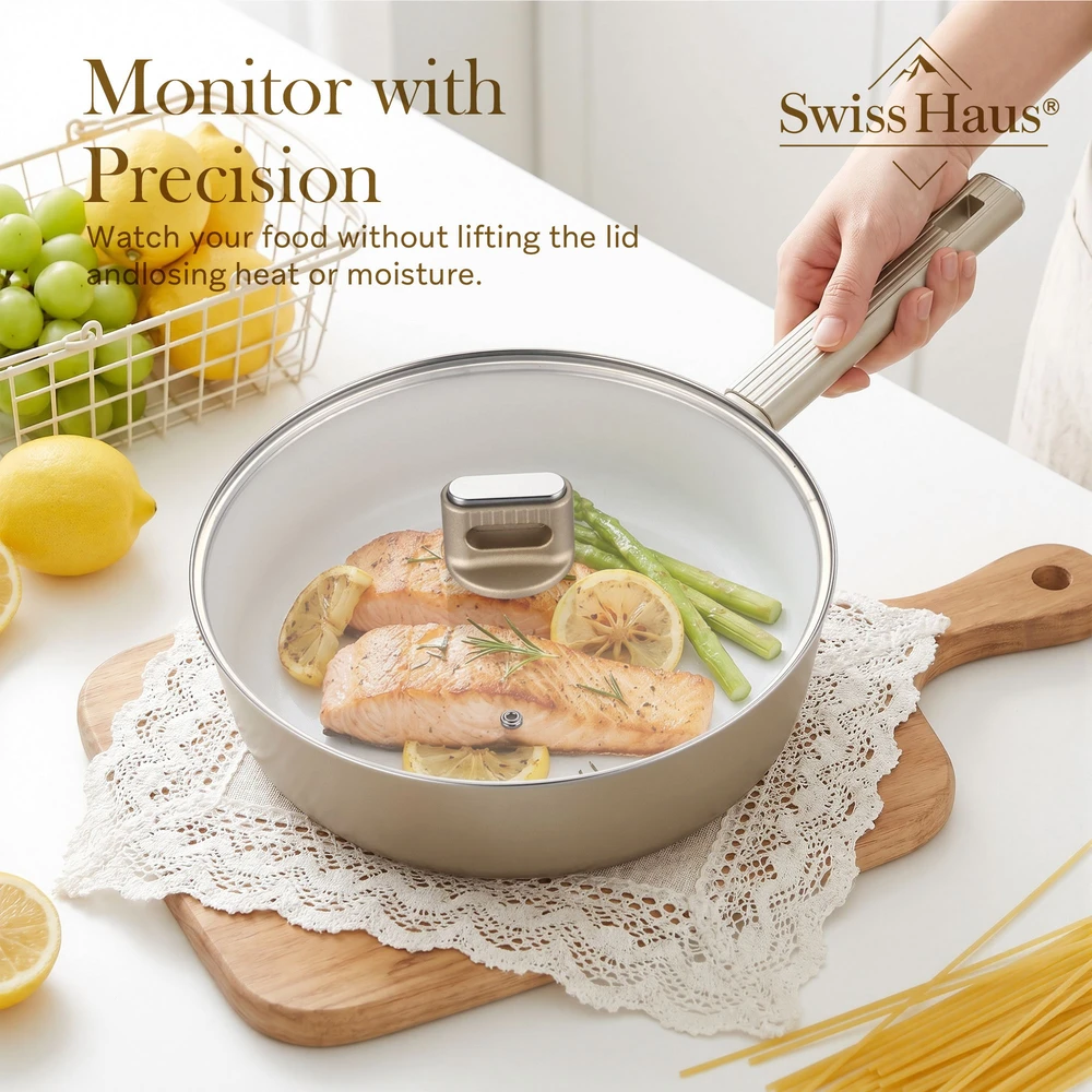 Swiss Haus SH-SCDF24CH Deep Frying Pan with Glass Lid, 24 cm, 2.8 L, Champagne