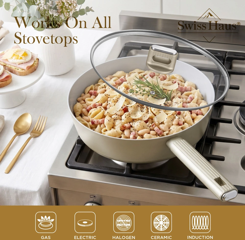 Swiss Haus SH-SCDF28CH Deep Frying Pan with Glass Lid, 28 cm, 4.4 L, Champagne