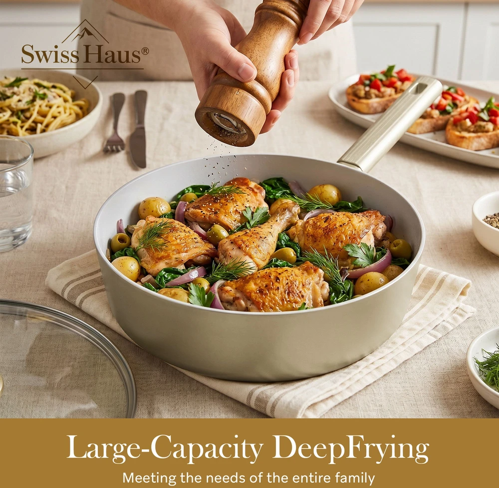 Swiss Haus SH-SCDF28CH Deep Frying Pan with Glass Lid, 28 cm, 4.4 L, Champagne