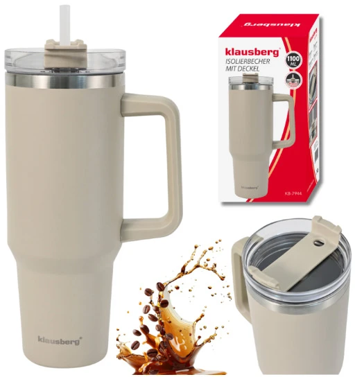Terminis puodelis su šiaudeliu, smėlio spalvos, 1100 ml, nerūdijančio plieno, Klausberg, KB 7944. Di