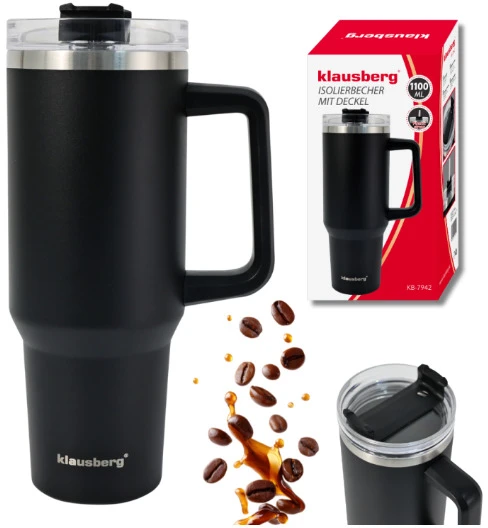 Termospuodelis su šiaudeliu, juodas, 1100 ml, nerūdijančio plieno, Klausberg, KB 7942. 1100 ml talpa
