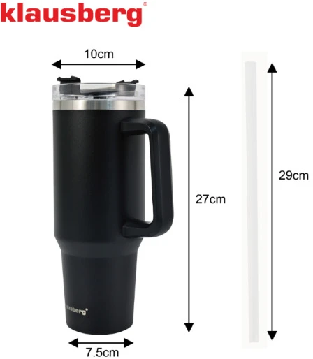 Termospuodelis su šiaudeliu, juodas, 1100 ml, nerūdijančio plieno, Klausberg, KB 7942. 1100 ml talpa