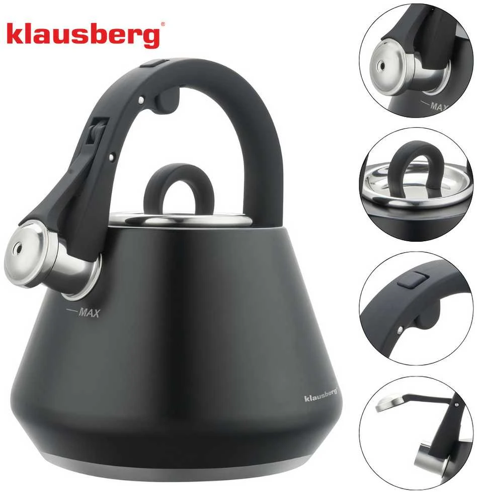 Virdulys, Plieninis virdulys su švilpuku, 2,5 l, matinės juodos spalvos, Klausberg kb-7948