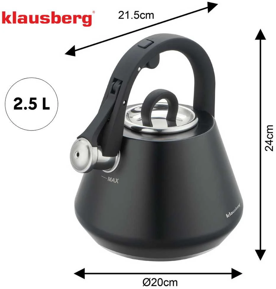 Virdulys, Plieninis virdulys su švilpuku, 2,5 l, matinės juodos spalvos, Klausberg kb-7948