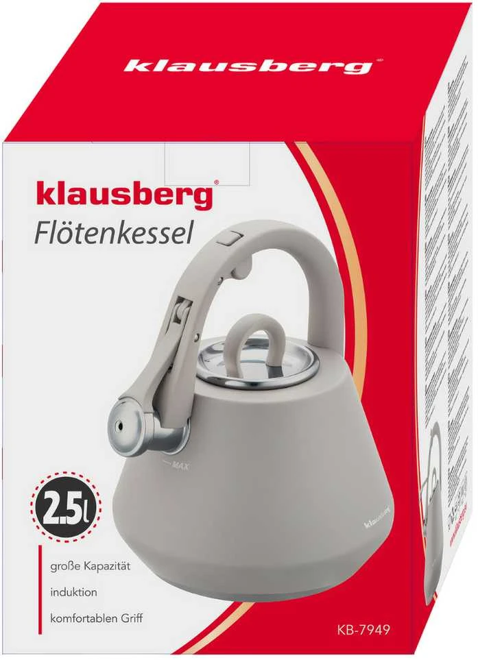Virdulys, Plieninis virdulys su švilpuku, 2,5 l, matinės pilkos spalvos, indukcinis, klausberg kb-7949