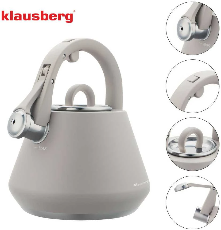 Virdulys, Plieninis virdulys su švilpuku, 2,5 l, matinės pilkos spalvos, indukcinis, klausberg kb-7949