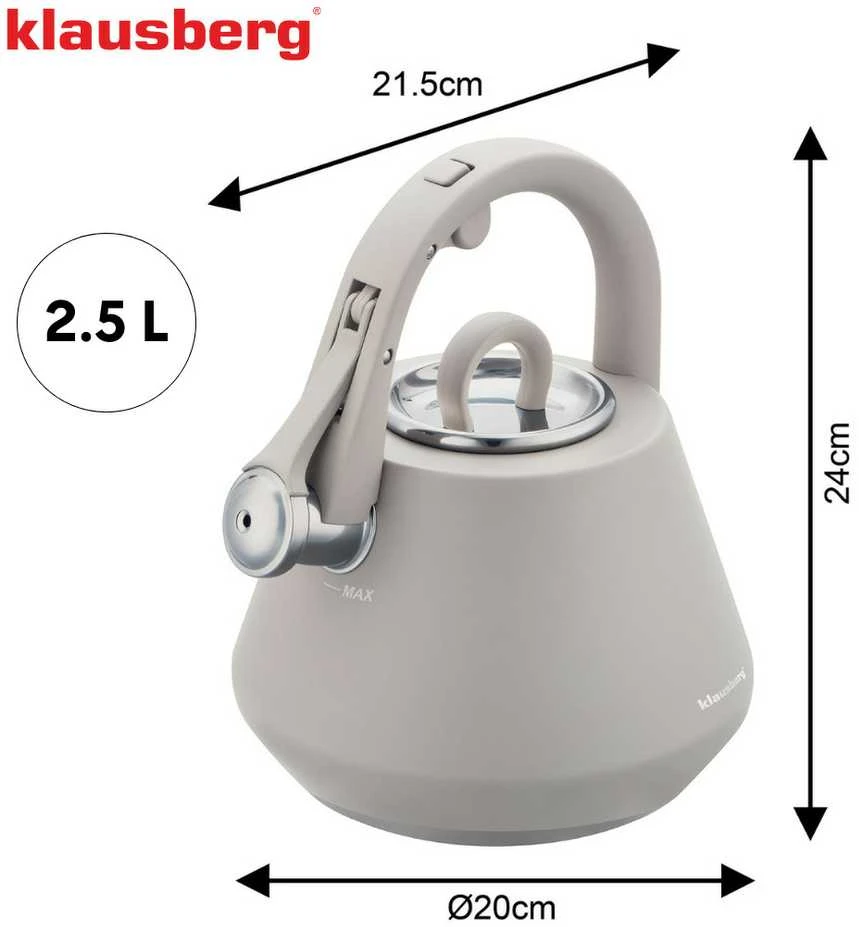 Virdulys, Plieninis virdulys su švilpuku, 2,5 l, matinės pilkos spalvos, indukcinis, klausberg kb-7949