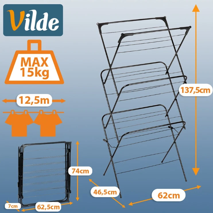 Skalbinių džiovyklė Vilde 61x58x136 cm, trijų lygių, juoda