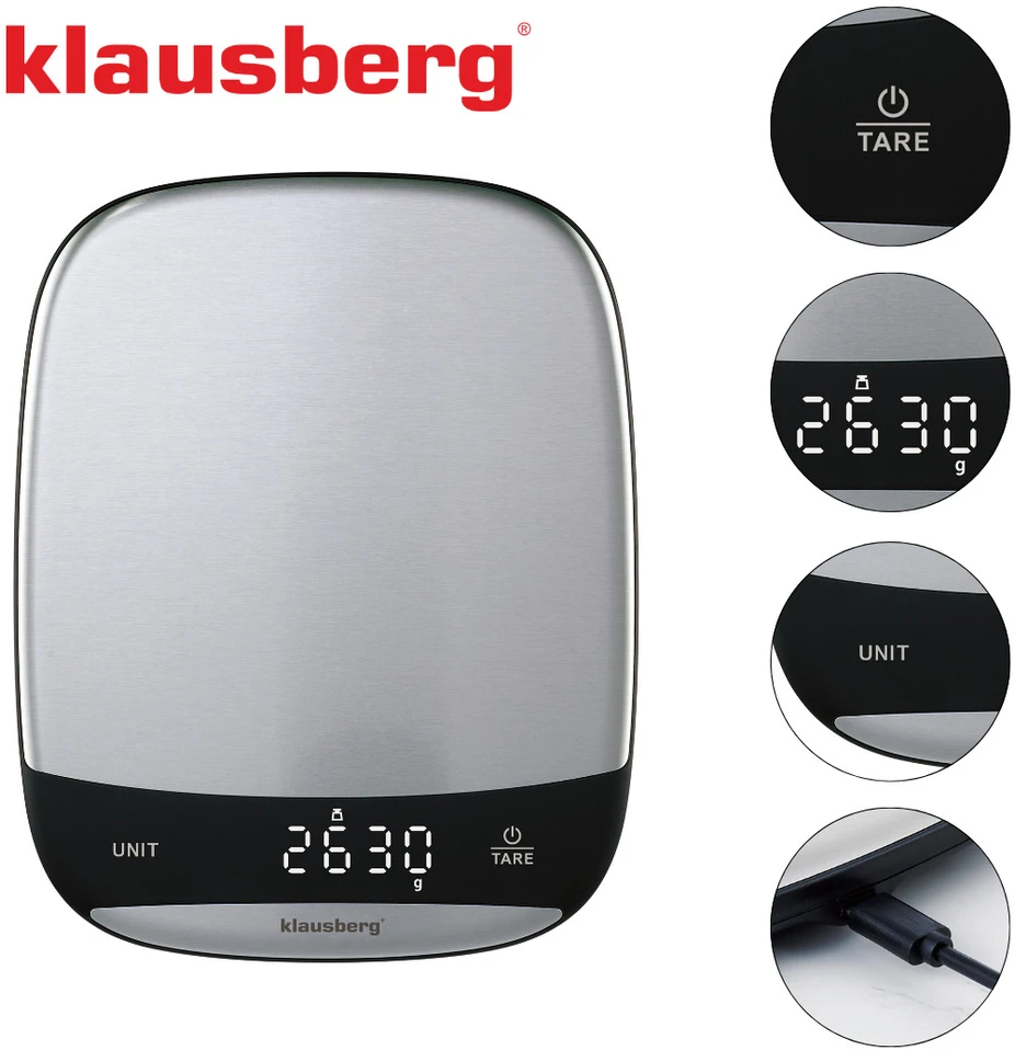Virtuvinės svarstyklės, sidabrinės spalvos, 10 kg, KLAUSBERG, KB 7936