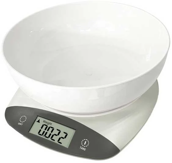 Virtuvinės svarstyklės su dubeniu Rosberg R51651Q, 5kg, 2 x AAA baterijos, LED ekranas