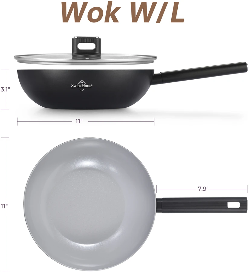 Wok Pan with Lid, 28 cm, Ceramic Coating, Juodas