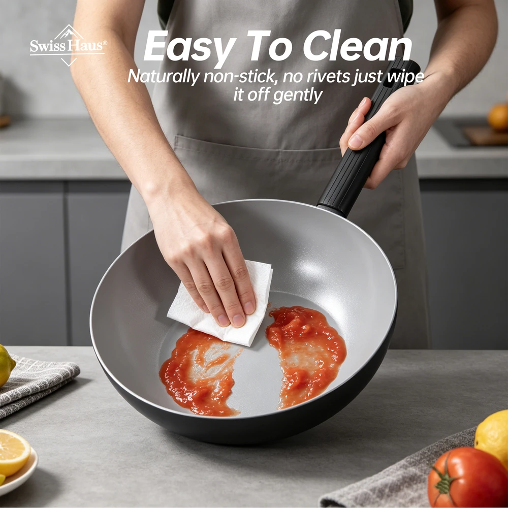 Wok Pan with Lid, 28 cm, Ceramic Coating, Juodas