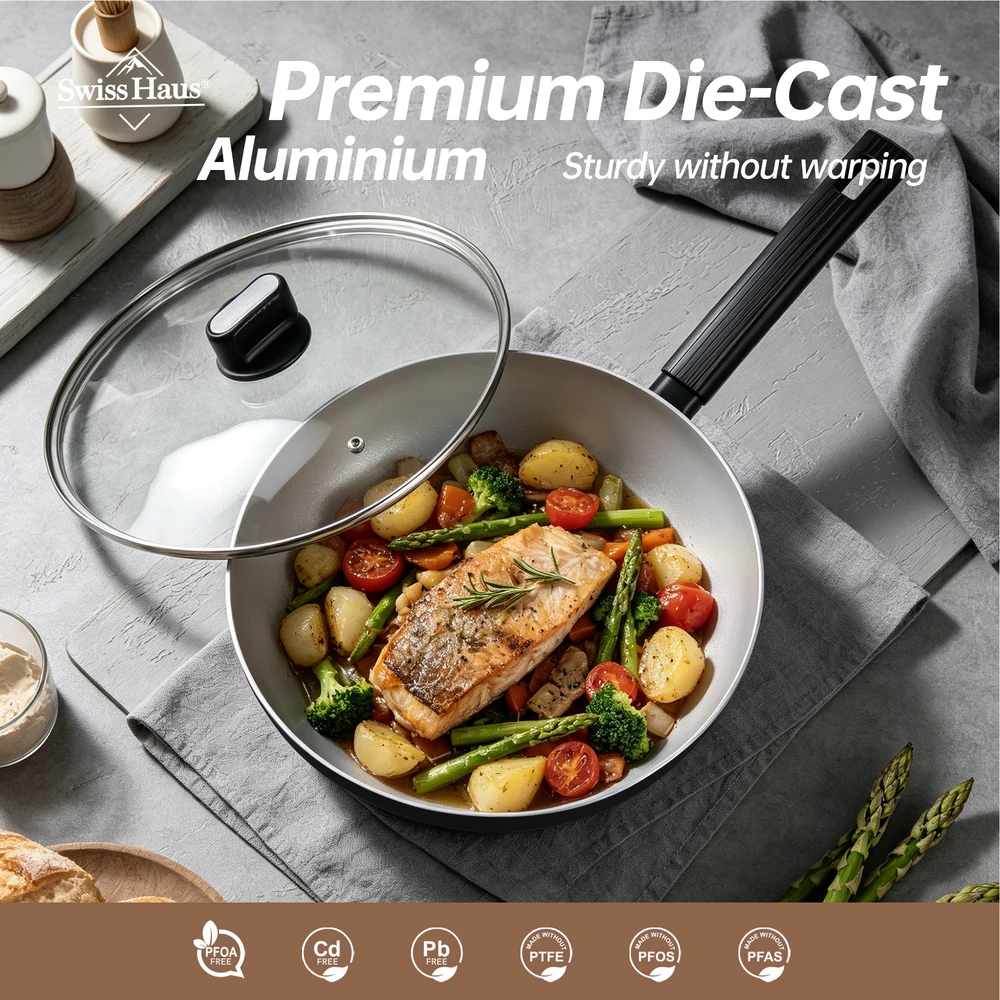 Wok Pan with Lid, 28 cm, Ceramic Coating, Juodas