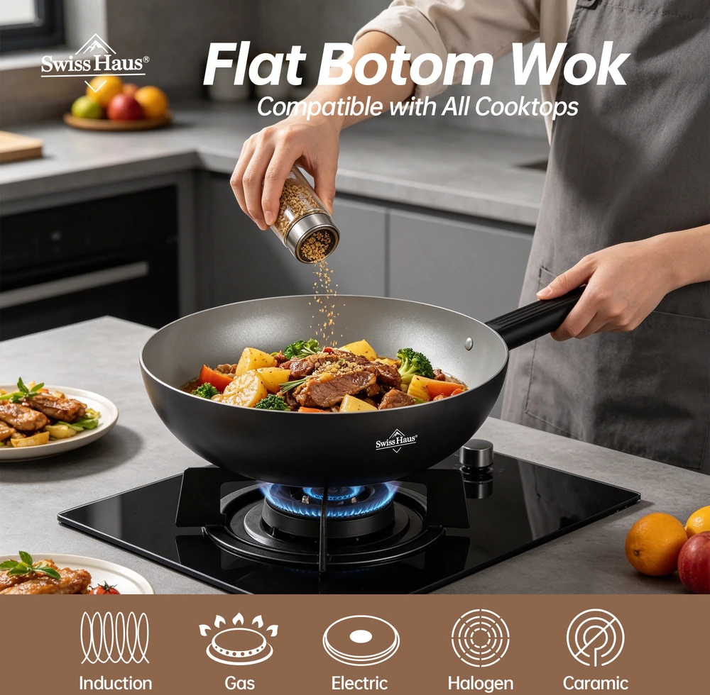 Wok Pan with Lid, 28 cm, Ceramic Coating, Juodas