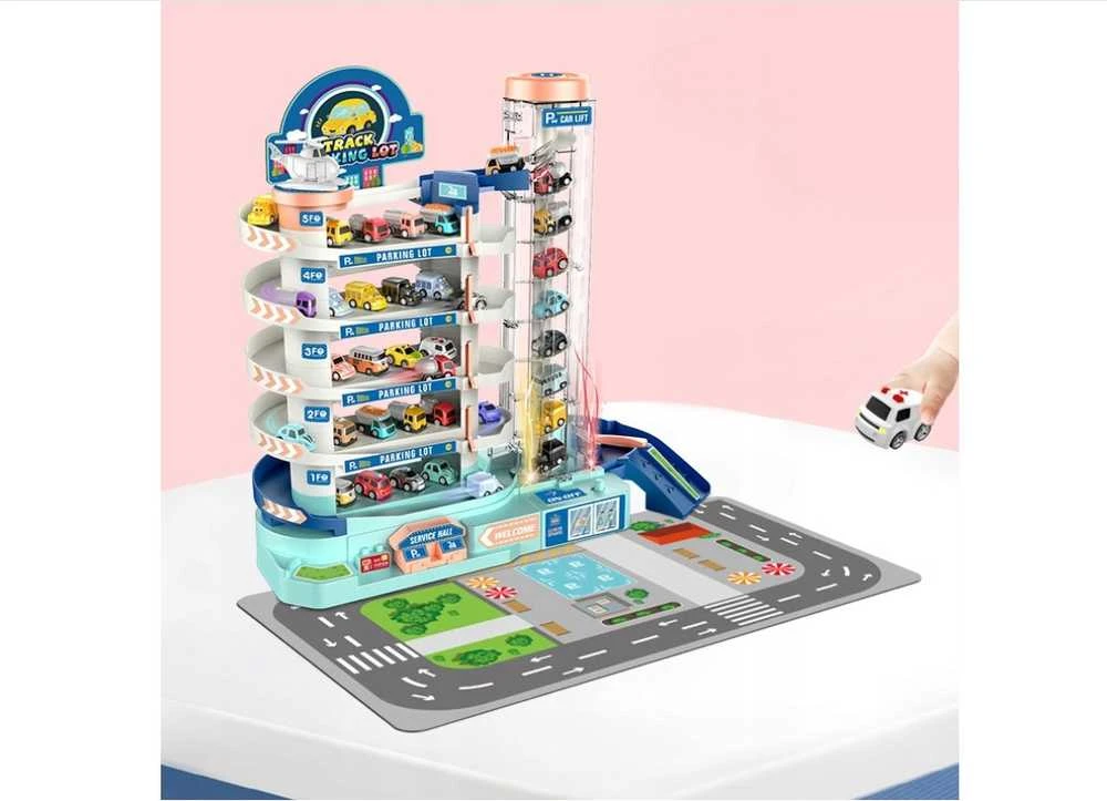 Polesie 5 aukštų žaislinių automobilių garažo rinkinys su liftu ir lenktynių trasa