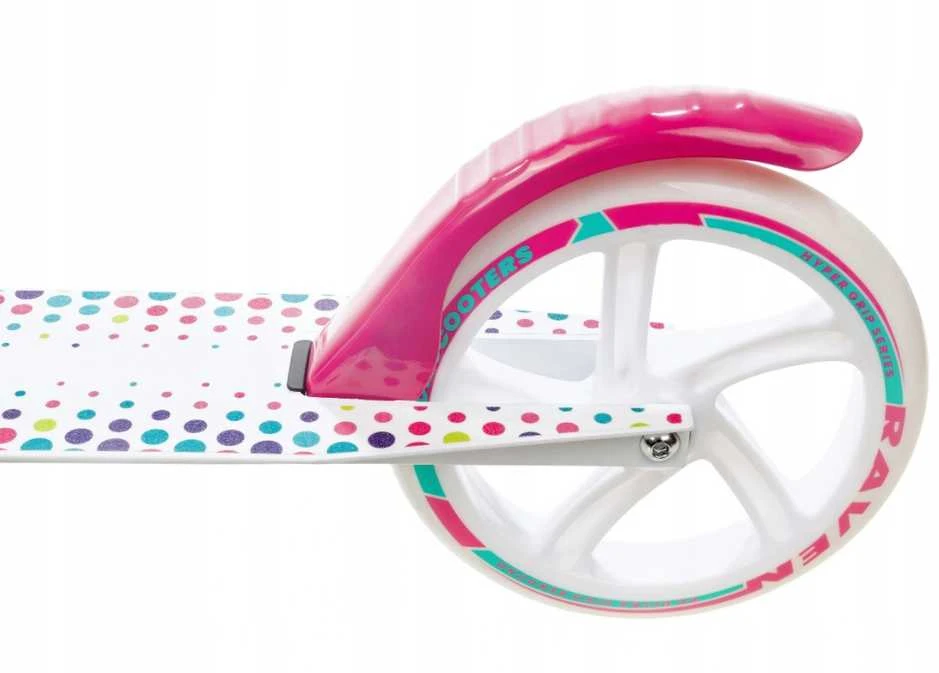 Aliuminis paspirtukas RAVEN DOTS Baltas su dideliais 20 cm. ratais Handbrake