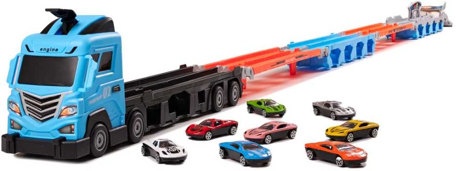 Malplay Žaislinis sunkvežimis vilkikas su 6 metaliniais automobiliais, šviesa ir garsu