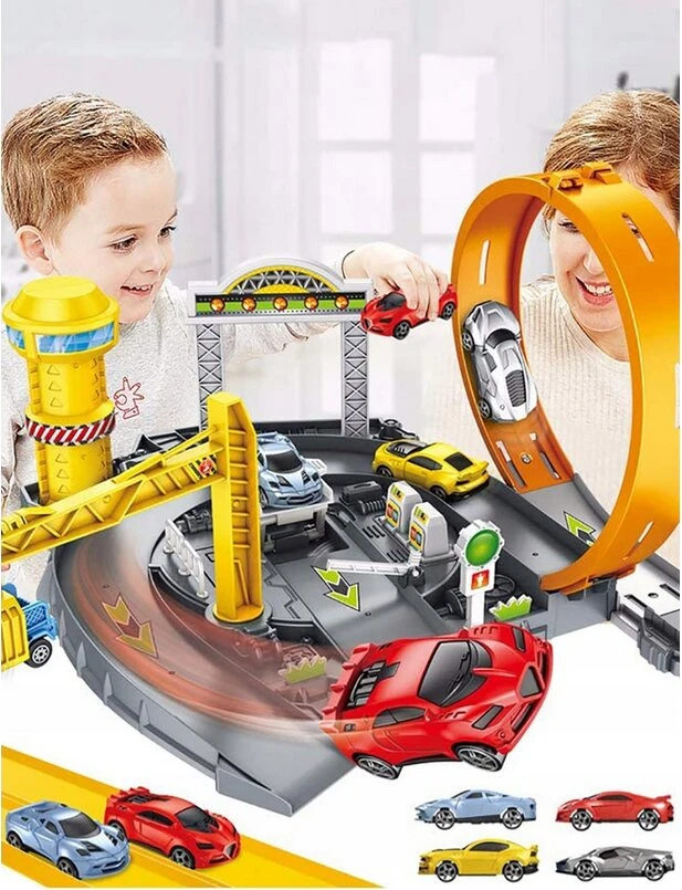 Malplay Automobilių paleidimo trasa ir stovėjimo aikštelė su 4 automobiliais