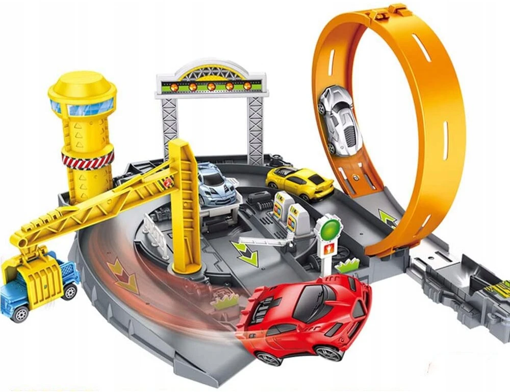 Malplay Automobilių paleidimo trasa ir stovėjimo aikštelė su 4 automobiliais