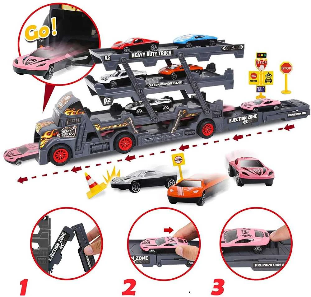 Malplay Žaislinis sunkvežimis vilkikas su paleidimo įranga ir 8 automobiliais