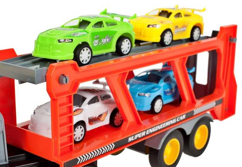 Autovežis su ledinėmis šviesomis ir 4 sportiniais automobiliais