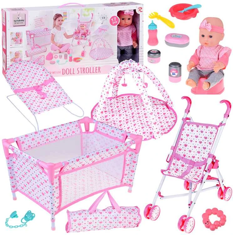 Jokomisiada Deluxe Baby Doll Set with Stroller, Crib, Play Mat and Accessories – 17 pcs ZA5916