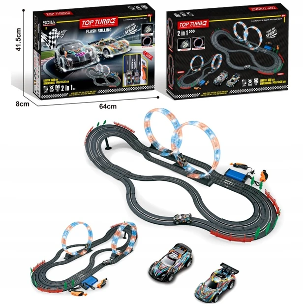 Elektrinė lenktynių trasa 600 cm, 2 automobiliai, šviečiančios kilpos, 1:43
