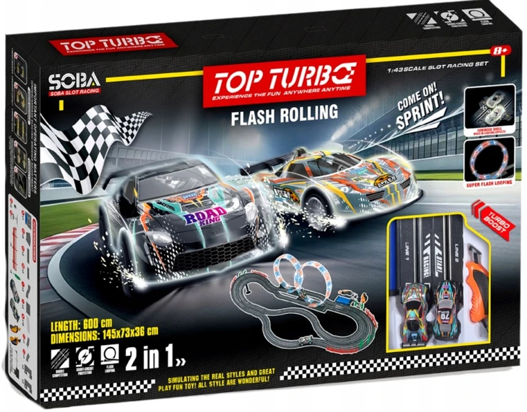 Elektrinė lenktynių trasa 600 cm, 2 automobiliai, šviečiančios kilpos, 1:43