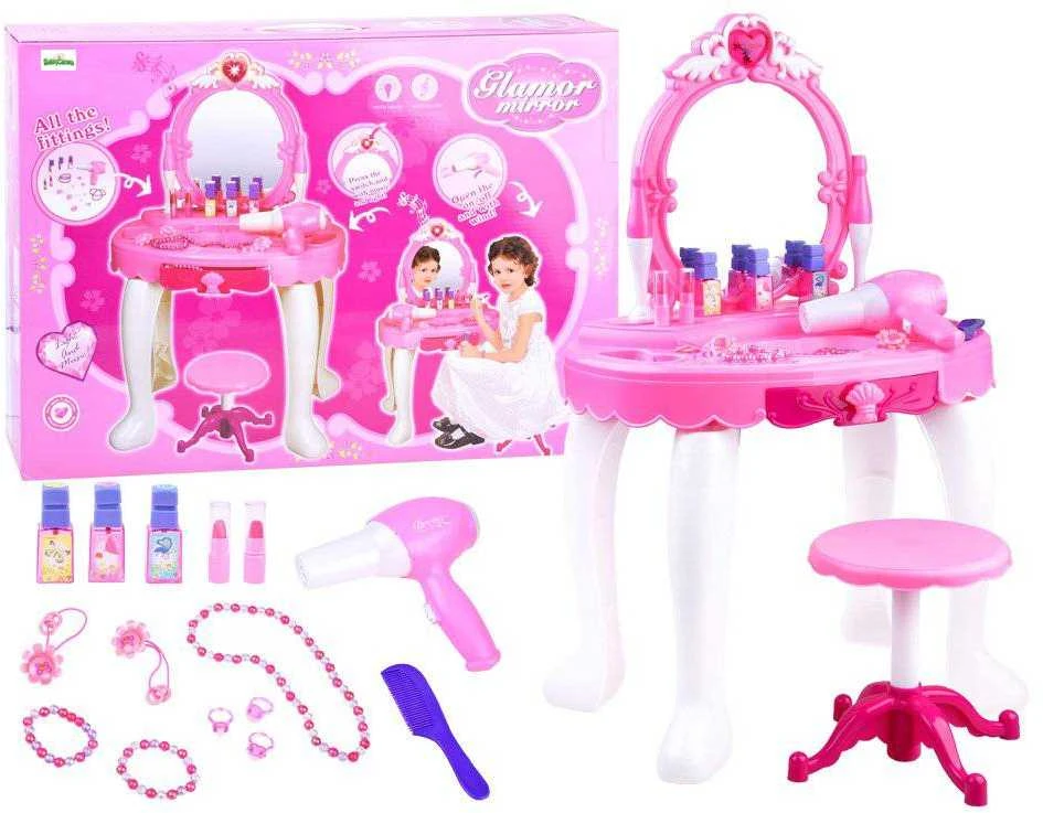 Lean Cars Lean Toys Didelis grožio staliukas su kėdute ir veidrodžiu, rožinis