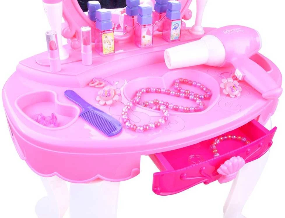 Lean Cars Lean Toys Didelis grožio staliukas su kėdute ir veidrodžiu, rožinis