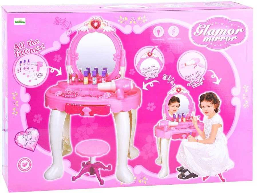 Lean Cars Lean Toys Didelis grožio staliukas su kėdute ir veidrodžiu, rožinis