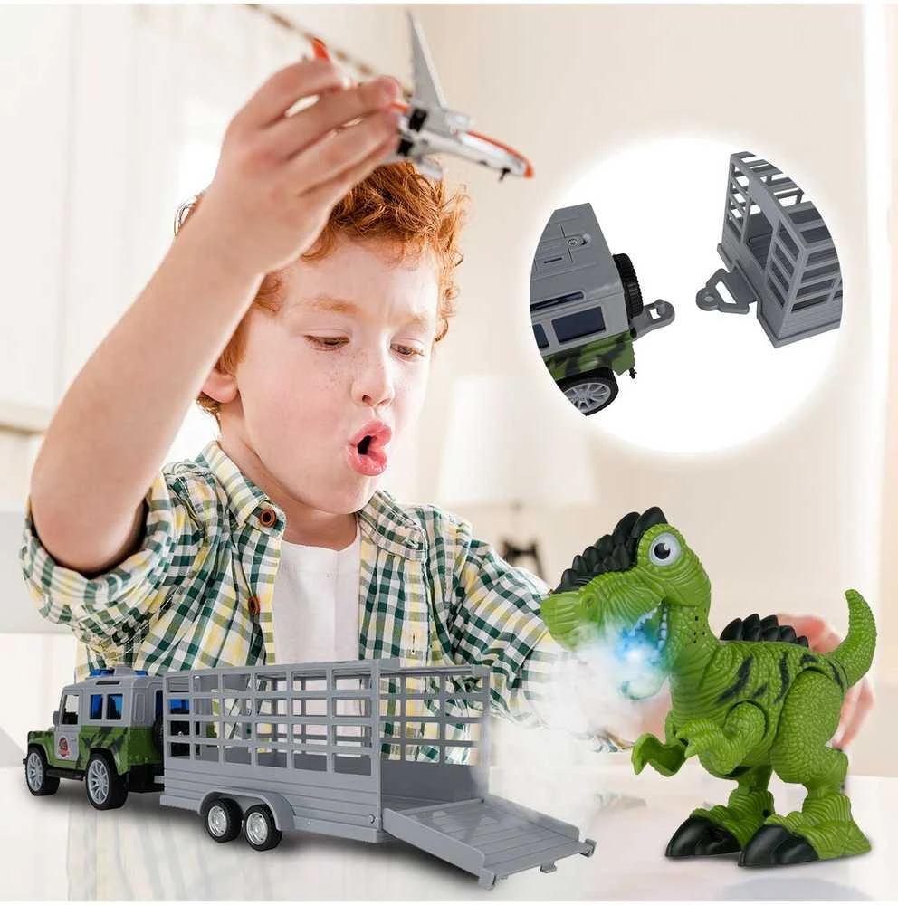 Malplay Žaislinis automobilis su dinozauru ir priekaba, su šviesos ir garso efektais