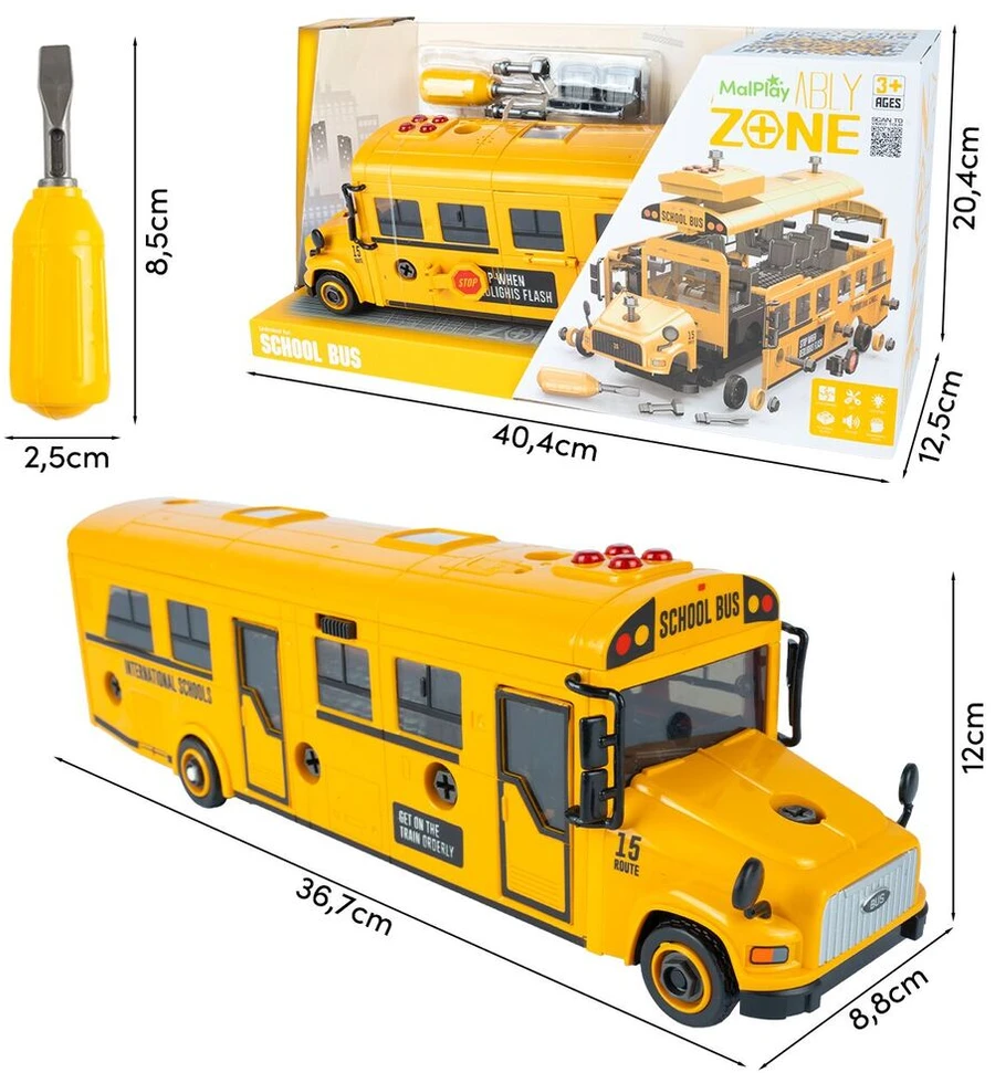 Malplay Konstruktorius- didelis mokyklinis autobusas su šviesa ir garsu, 48 el.